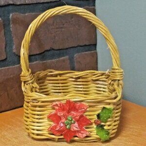 BARBOLA wicker basket SMALL w/gesso poinsettia flowers ART DECO ERA MCM chic NEW